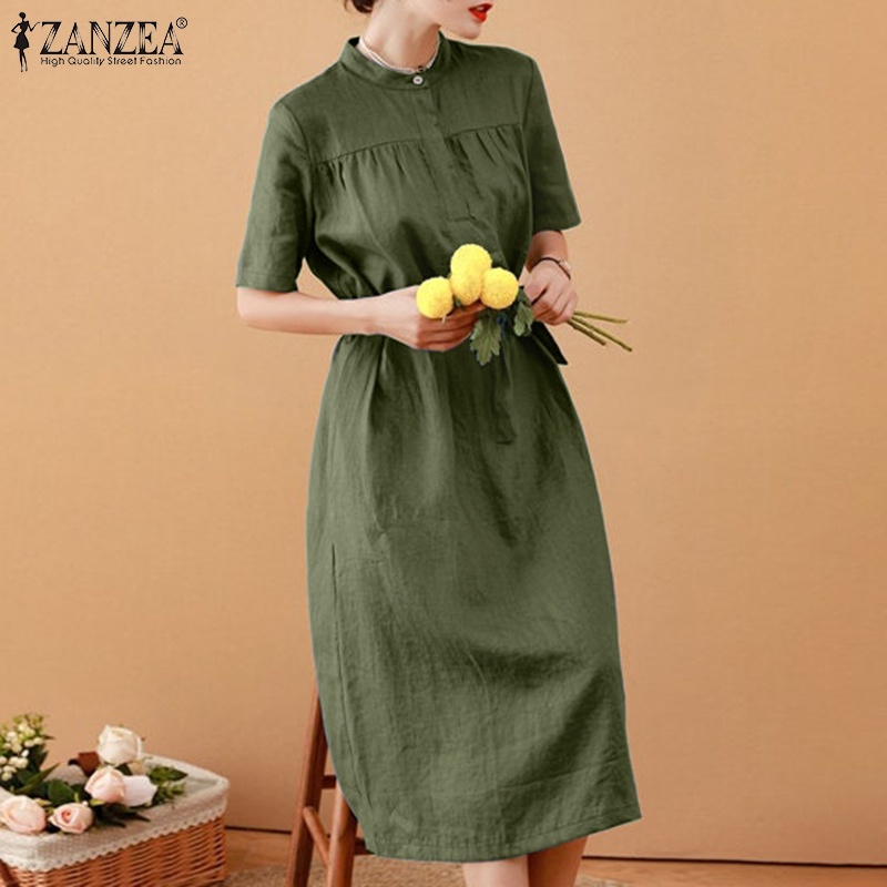 Đầm ZANZEA cổ đứng tay lửng màu trơn buộc dây thời trang cho nữ