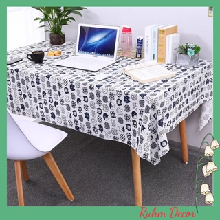 Khăn trải bàn tròn, chữ nhật, oval Mary Decor vải lanh cotton viền ren - họa tiết Mèo kitty nền xanh - KB-K06