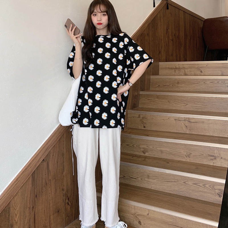 Áo Thun Tay Ngắn Cổ Tròn Hoạ Tiết Hoa Thiết Kế Dáng Rộng Thoải Mái