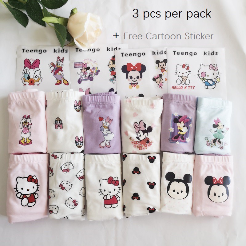 DISNEY Bộ 3 Quần Lót 95% Cotton 5% In Hoạt Hình Mickey Minnie Kitty / Hoa Cúc Chất Lượng Cao Cho Bé Gái 2-12 Tuổi