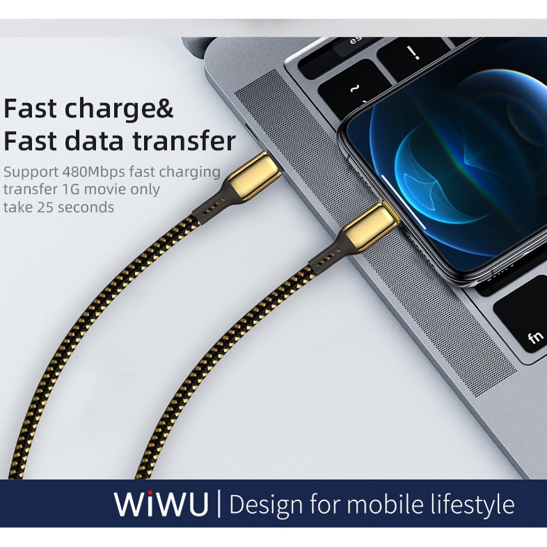 Wiwu cable 18k Gold Type C to cho IP12 Series . Cáp sạc nhanh 20W mạ vàng cao cấp cho táo ip