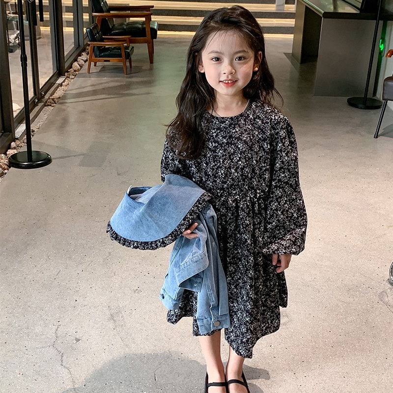 Set Áo Thun Dài Tay + Chân Váy Denim In Hoa Thời Trang Hong Kong Mới Cho Bé Gái