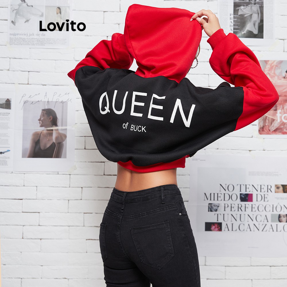 Áo croptop hoodie Lovito in chữ phối khối màu thường ngày L08176 (Màu đen)