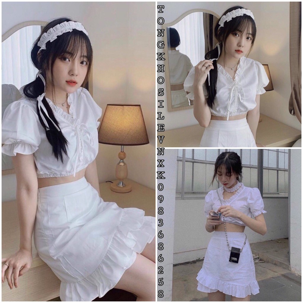 SET VÁY ÁO BÈO RÚT NGỰC CHÂN VÁY BÈO mix CHOCKER TRẮNG - Set Đồ MinTo Áo Croptop Body Chun Rút Kéo + Chân Váy Lưng Thun