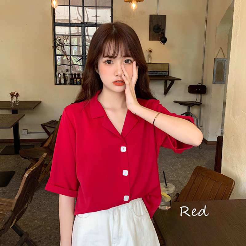 Áo sơ mi tay ngắn cổ polo phong cách retro Hàn Quốc cho nữ
