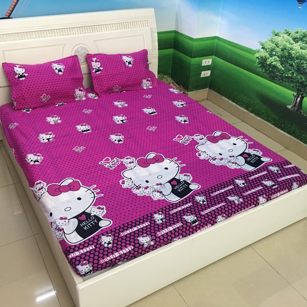 Bộ ga gối trải giường 2mx2m2 hình kitty chấm bi