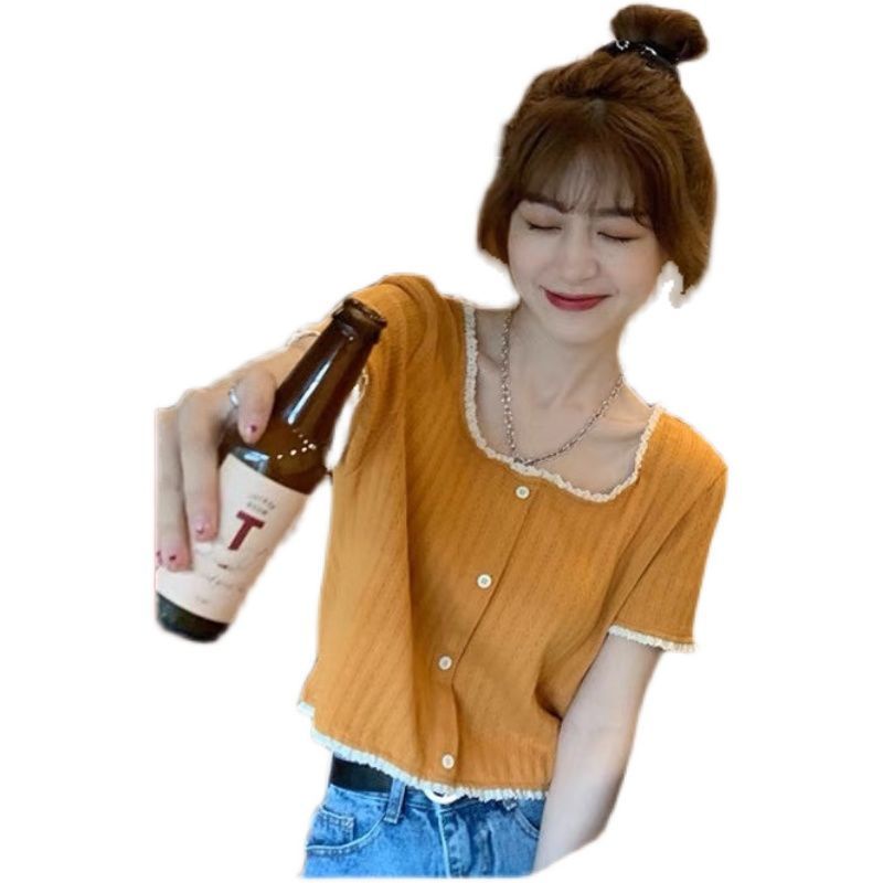 Áo Thun Dệt Kim Tay Ngắn Cổ Vuông Phối Ren Thời Trang Phong Cách Hàn Quốc Cho Nữ