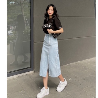 Chân váy jeans dài xẻ đùi zareen xanh nhạt