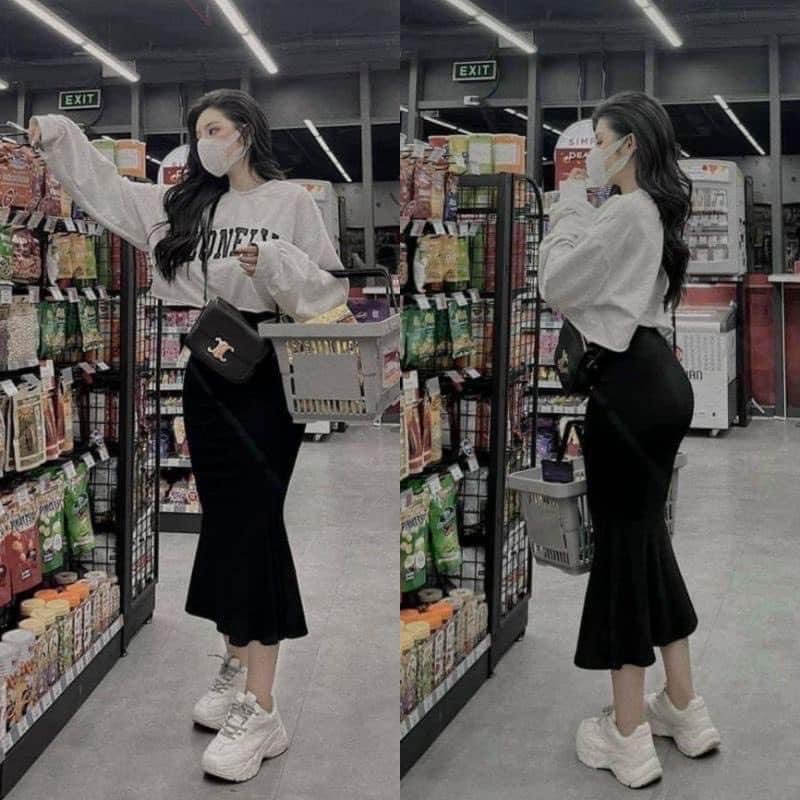 Chân váy đuôi cá cạp cao dáng dài chất tuyết mưa màu đen