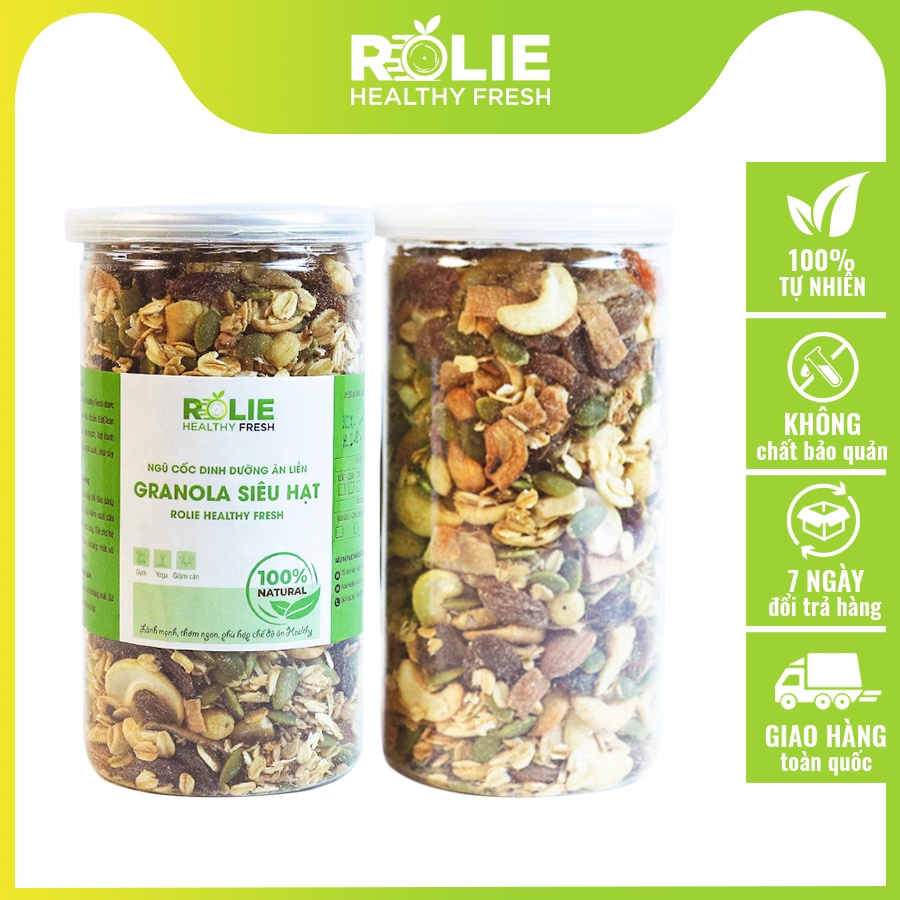 GRANOLA SIÊU HẠT THƠM NGON - 500GR (HẠNH NHÂN, HẠT ĐIỀU, SEN KHÔ,HẠT BÍ, MƠ SẤY DẺO, NHO KHÔ, DỪA KHÔ, YẾN MẠCH,...)