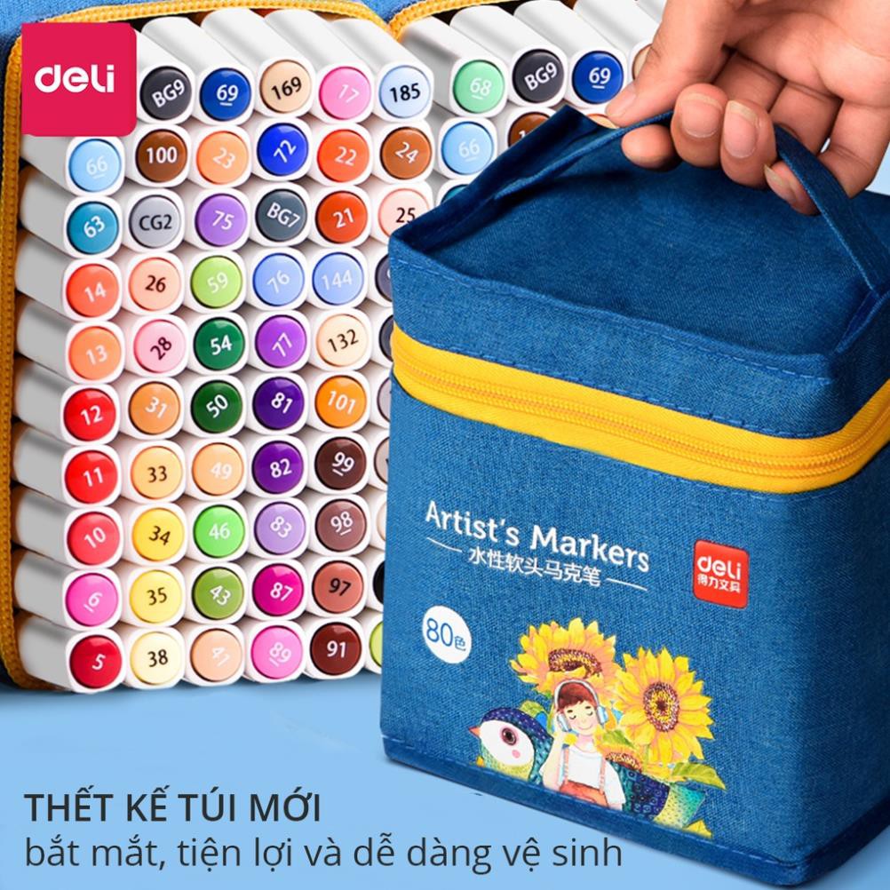 Bút màu marker 2 đầu túi vải bò mực có thể rửa được có đầu brush và vát - 30/40/60/80màu -70808