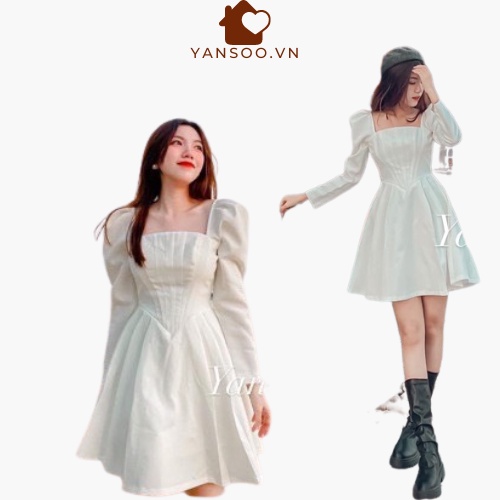 Váy Trắng Dự Tiệc Cổ Vuông ,Đầm baybydoll tay bồng chất tuyết mưa dày dặn YANSOO