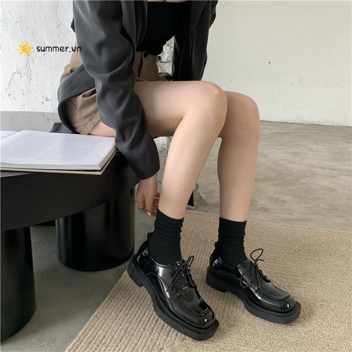 Giày Da Mũi Vuông Cột Dây Phong Cách Anh Quốc Thời Trang 2022 Cho Nữ