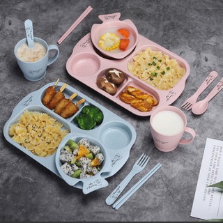 Bộ ăn dặm lúa mạch Hình CÁ kèm cốc, khay, bát ăn, thìa dĩa cho bé