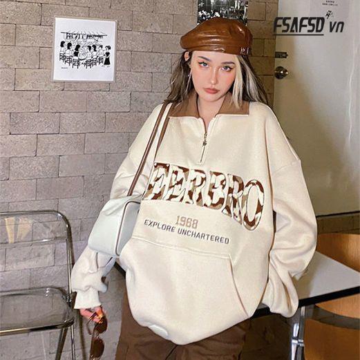 Áo Nỉ Có Khóa Kéo Cổ polo Cỡ Lớn Thêu Họa Tiết Màu Sắc Tương Phản Phong Cách Retro Mỹ Cho Nữ