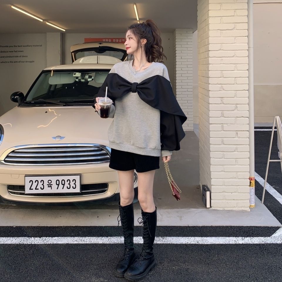 Áo kiểu COZOKC tay dài dáng rộng phối nơ màu tương phản phong cách Hàn Quốc