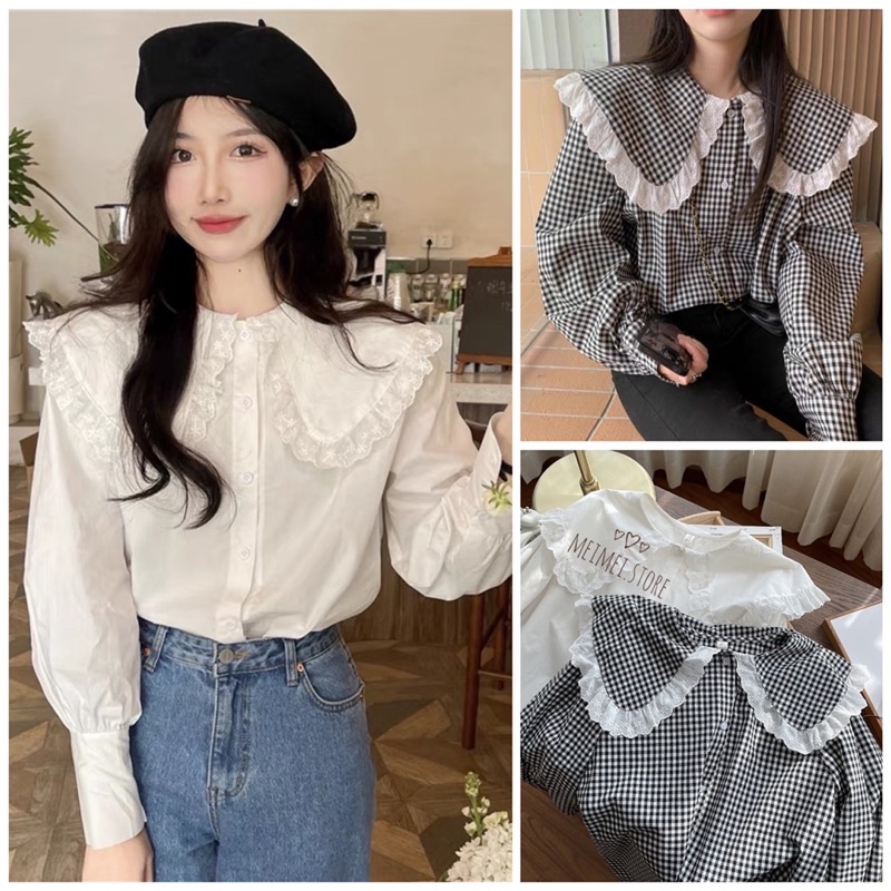 Áo sơ mi viền bèo 901 (trắng + kẻ caro đen)