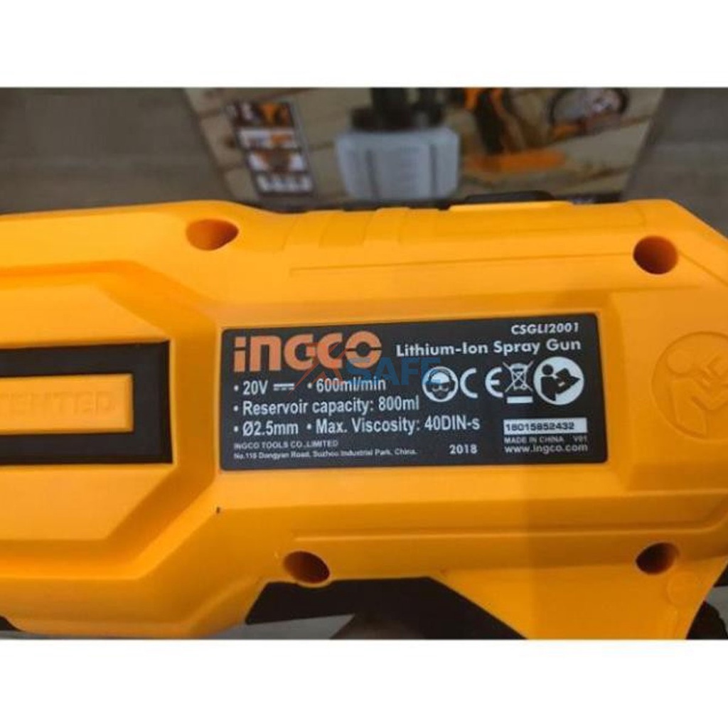 Súng phun sơn dùng pin Lithium 20V INGCO CSGLI2001 Súng sơn cầm tay kèm 1 cốc lường độ nhớt, 1 kim làm sạch vòi phun