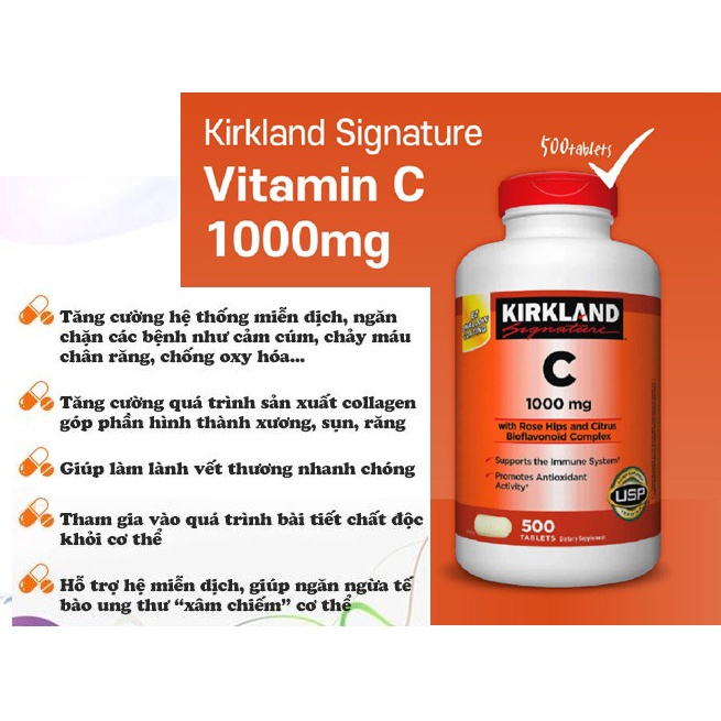 ❤️ [Quận 3] [Date 1/2025] Vitamin C 1000mg Kirkland Rose Hips citrus bioflavonoid Complex Mỹ Hộp 500 viên