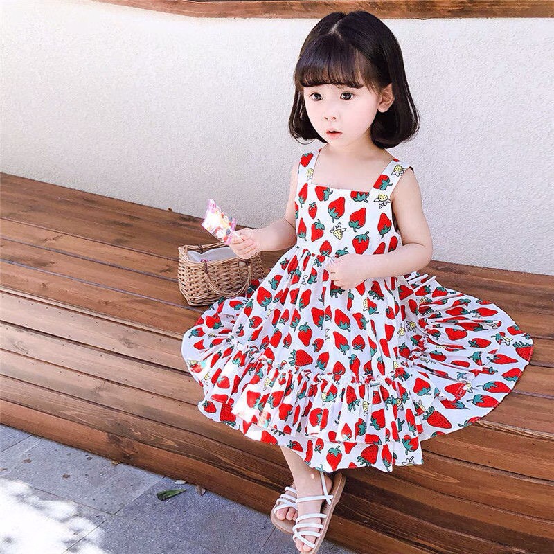 [MÃ MARU471 giảm 10k cho đơn 50k] Váy dâu tây 2 dây chất đũi mềm mại thấm hút mồ hôi cho bé 8-18kg