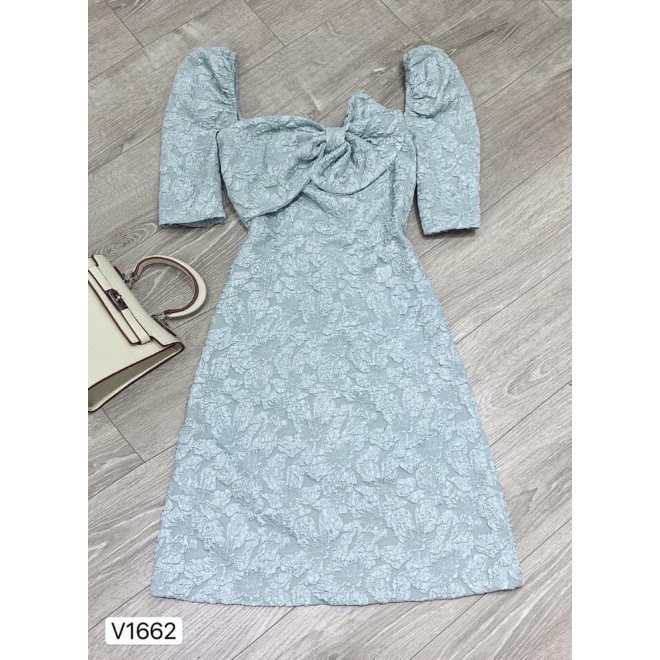 Đầm dự tiệc 💕 Đẹp DVC 💝 Váy xanh hoa phối nơ ngực vải gấm V1662 | BigBuy360 - bigbuy360.vn