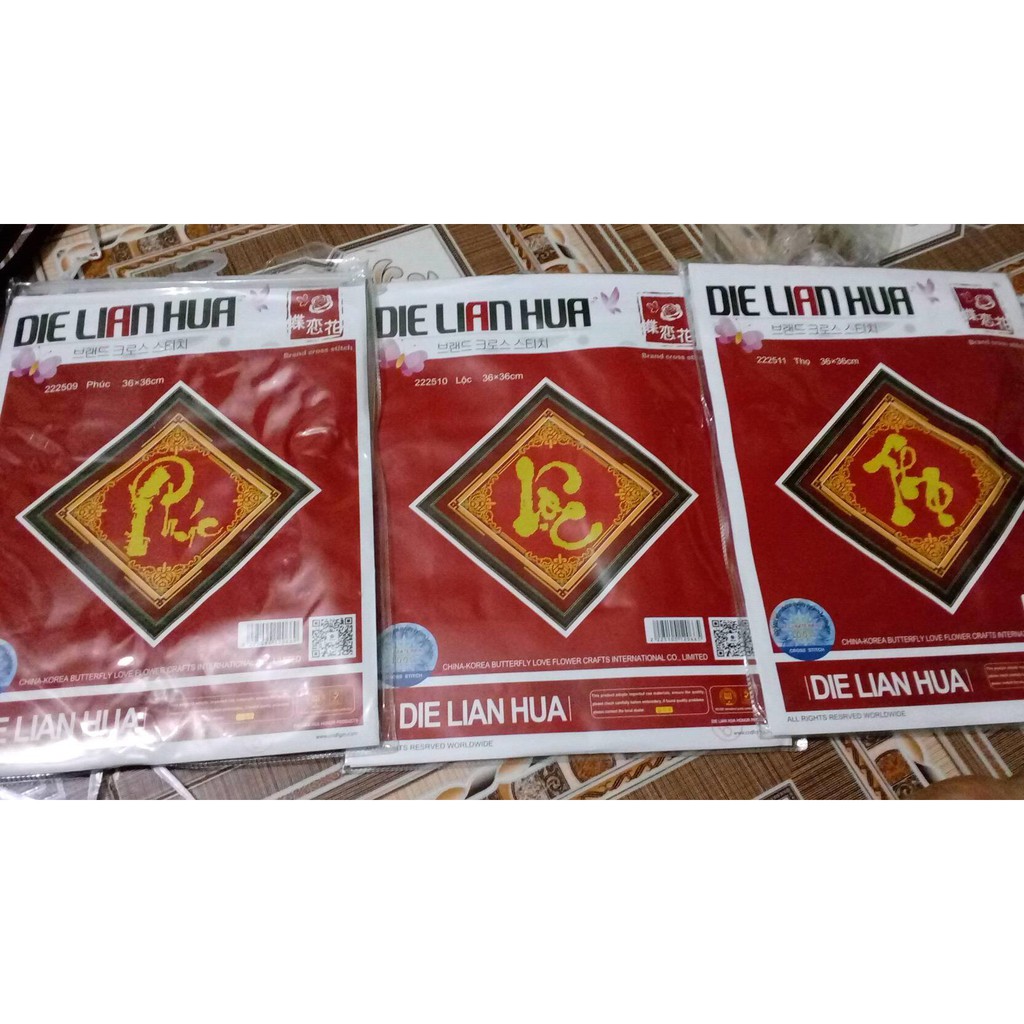 Tranh thêu chữ thập thư pháp phúc lộc thọ 222509 35x35cmx3