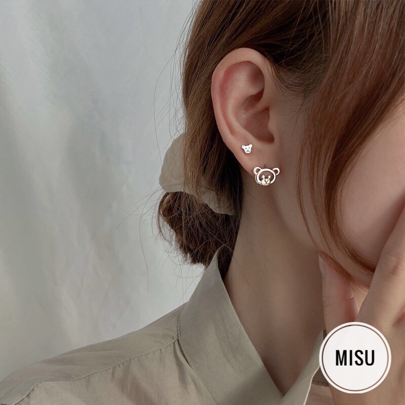 [1 chiếc] Bông Tai, Khuyên Tai Bạc Nữ Hình Mặt Gấu Mini Siêu Dễ Thương, Xinh Xắn - Misu Shop [phụ kiện]