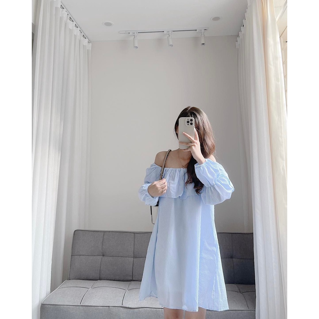 Váy trễ vai tay chun sọc xanh by Samhyewear