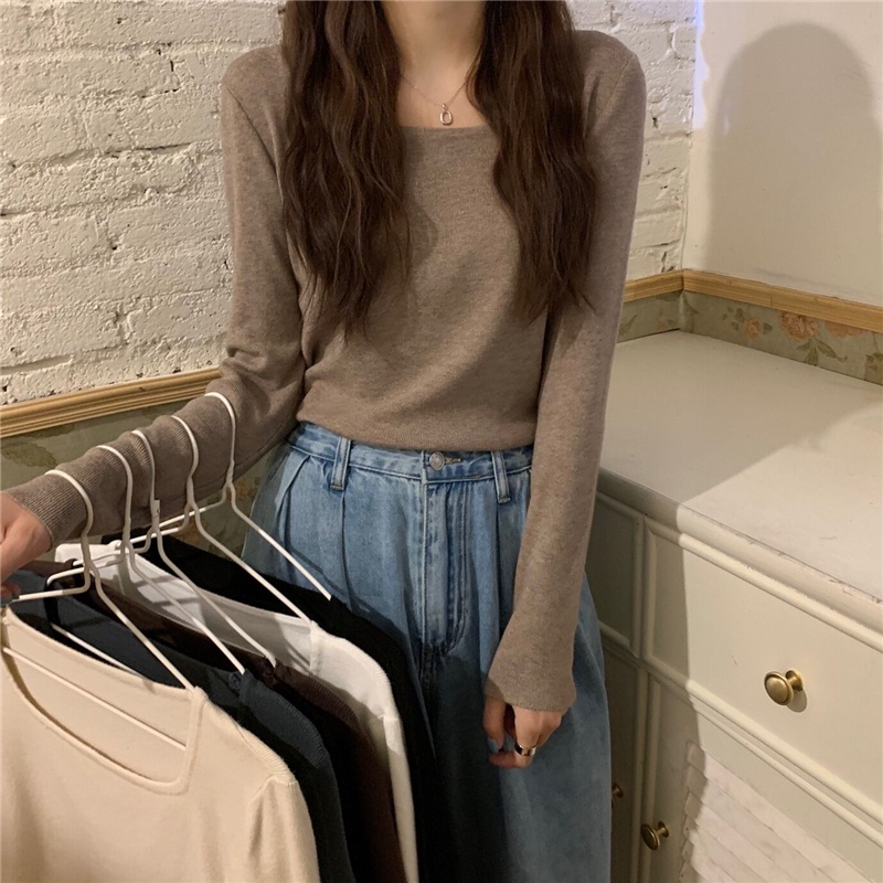 NZN Áo thun dệt kim cổ vuông màu trơn thời trang cho nữ