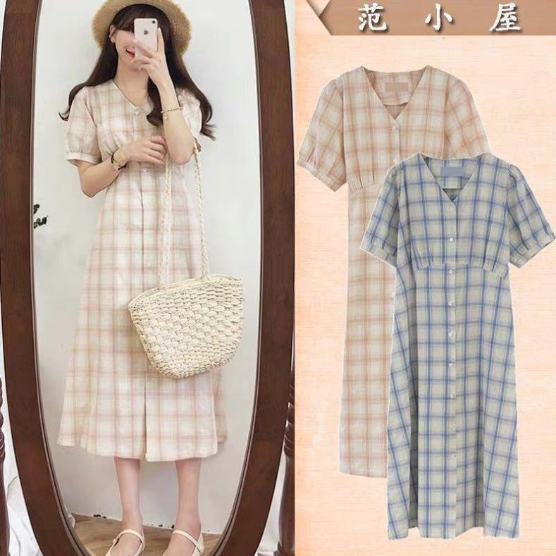 Váy kẻ caro Ulzzang dáng dài 💖VIDEO/ẢNH THẬT💖 Đầm caro cài cúc 2 màu Xanh và Hồng dễ dàng phối đồ phong cách dạo phố . *
