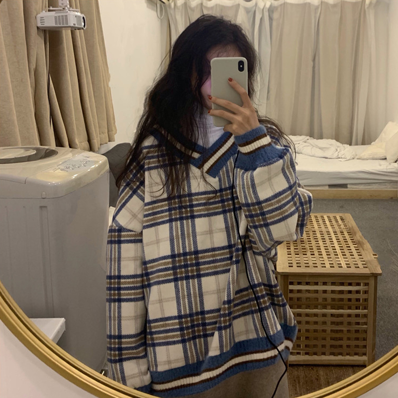 Áo sweater cổ chữ v dày họa tiết caro phong cách Hàn Quốc dễ thương dành cho nữ