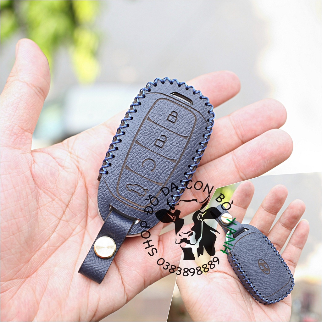 [Xanh navy] Bao da chìa khoá Hyundai Accent 2021 (4 nút bấm) handmade da thật 009