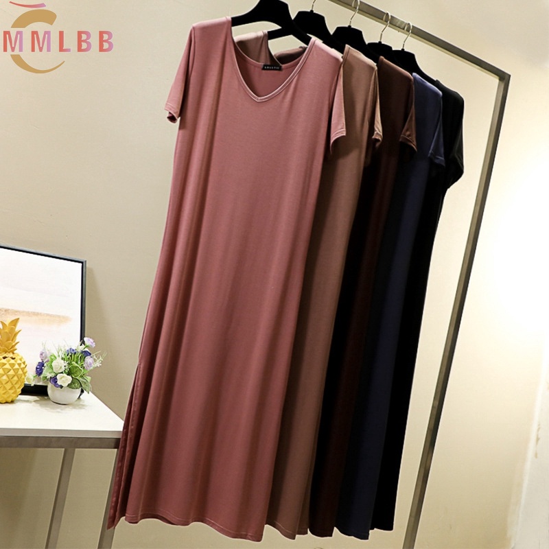 Đầm Dài Dáng Chữ A Tay Ngắn Cổ Chữ V Màu Đen Trơn Phong Cách Hàn Quốc Size L-XL Thời Trang Mùa Hè Cho Nữ