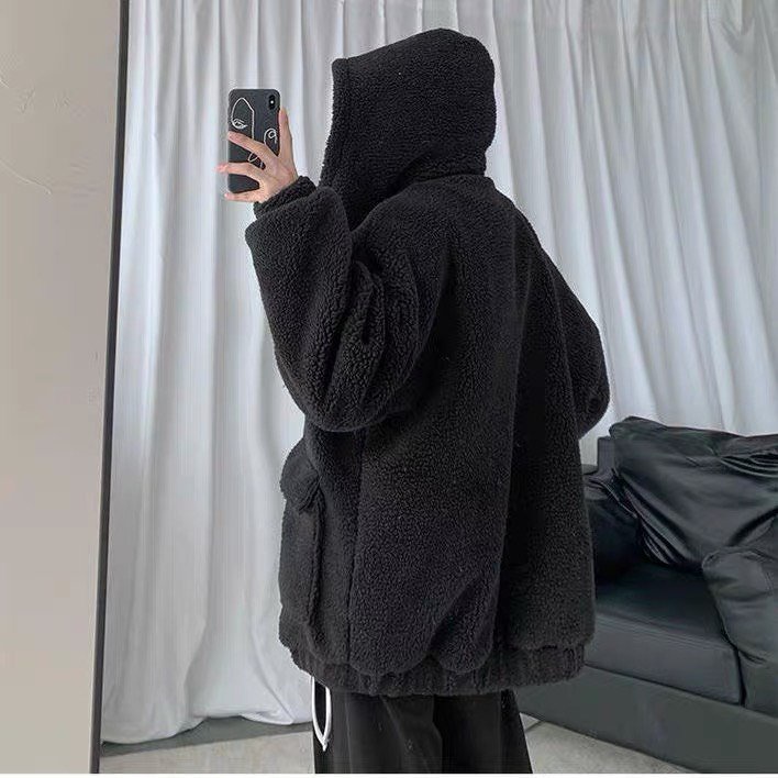 Áo Khoác Lông Cừu Form Rộng Có Mũ Unisex Siêu Dày, Áo Jacket Nam Nữ Túi Hộp Phong Cách Hàn Quốc