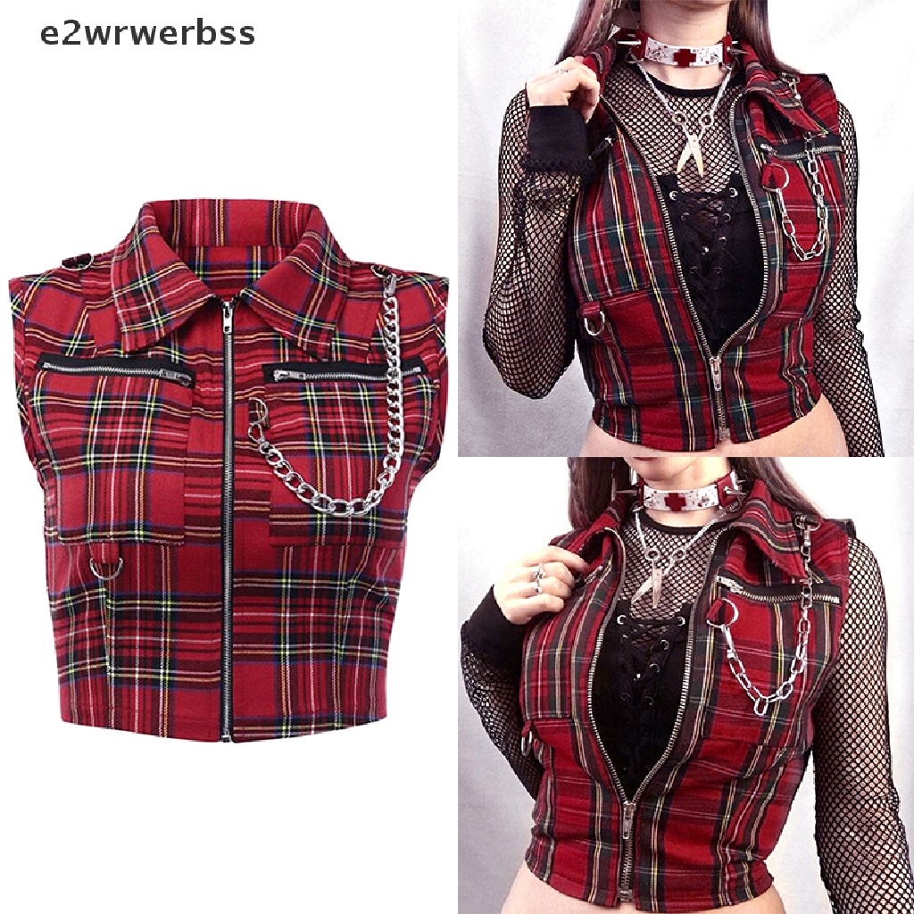 Áo sơ mi khóa kéo kẻ sọc ca rô phong cách hiphop Halloween retro punk gothic quyến rũ cho nữ