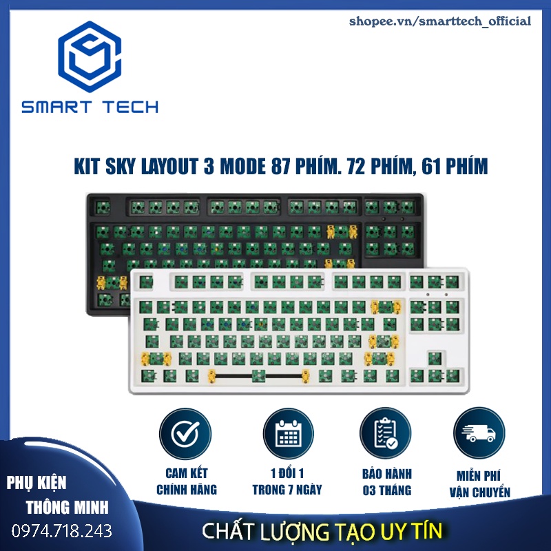 Kit bàn phím cơ Sky 87, Sky 72, Sky 61 3 mode kết nối (Bluetooth, Usb không dây 2.4Ghz, dây Type C) led RGB