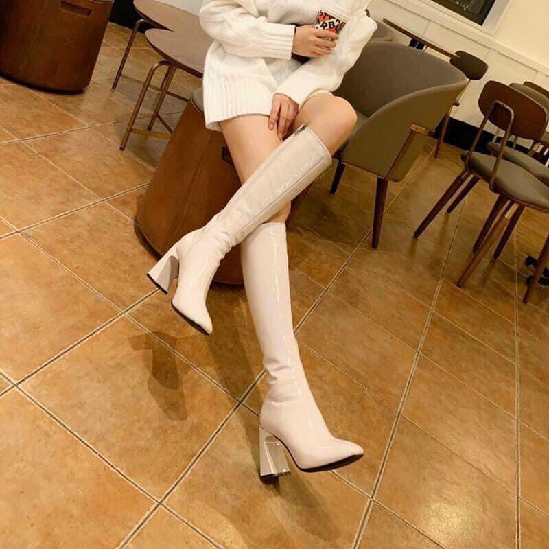 Boot đùi da bóng gót cong đỏ đen trắng | BigBuy360 - bigbuy360.vn