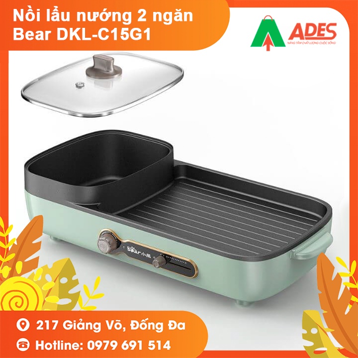 Nồi lẩu nướng Bear DKL-C15G1 - Bảo Hành Chính Hãng - Nồi Lẩu Đa Năng, Thông Minh Cho Mọi Gia Đình 2in1