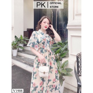 Đầm thiết kế dáng xoè hoa hồng dáng dài nơ cổ v1908, váy xoè voan cao cấp - pk official