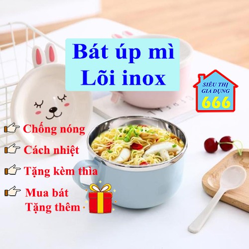 [Tặng thìa] Bát ăn mì  Tô úp mì lõi inox 2 lớp chống nóng giữ nhiệt cao cấp bát ăn cho bé có nắp đậy quai cầm tiện lợi