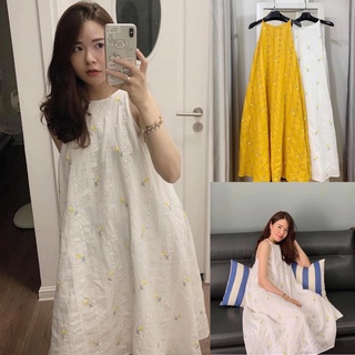 Đầm suông, Váy yếm dài, Đầm maxi hoa nhí Cao Cấp dáng suông vàng trắng, form rộng dài qua gối - MiNhi