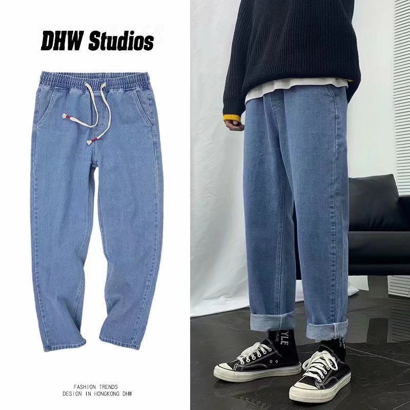 Quần jeans Ống Rộng Lưng Thun Thoải Mái Phong Cách Hip Hop Đường Phố Nhật Bản Cho Nam Cỡ S-5XL