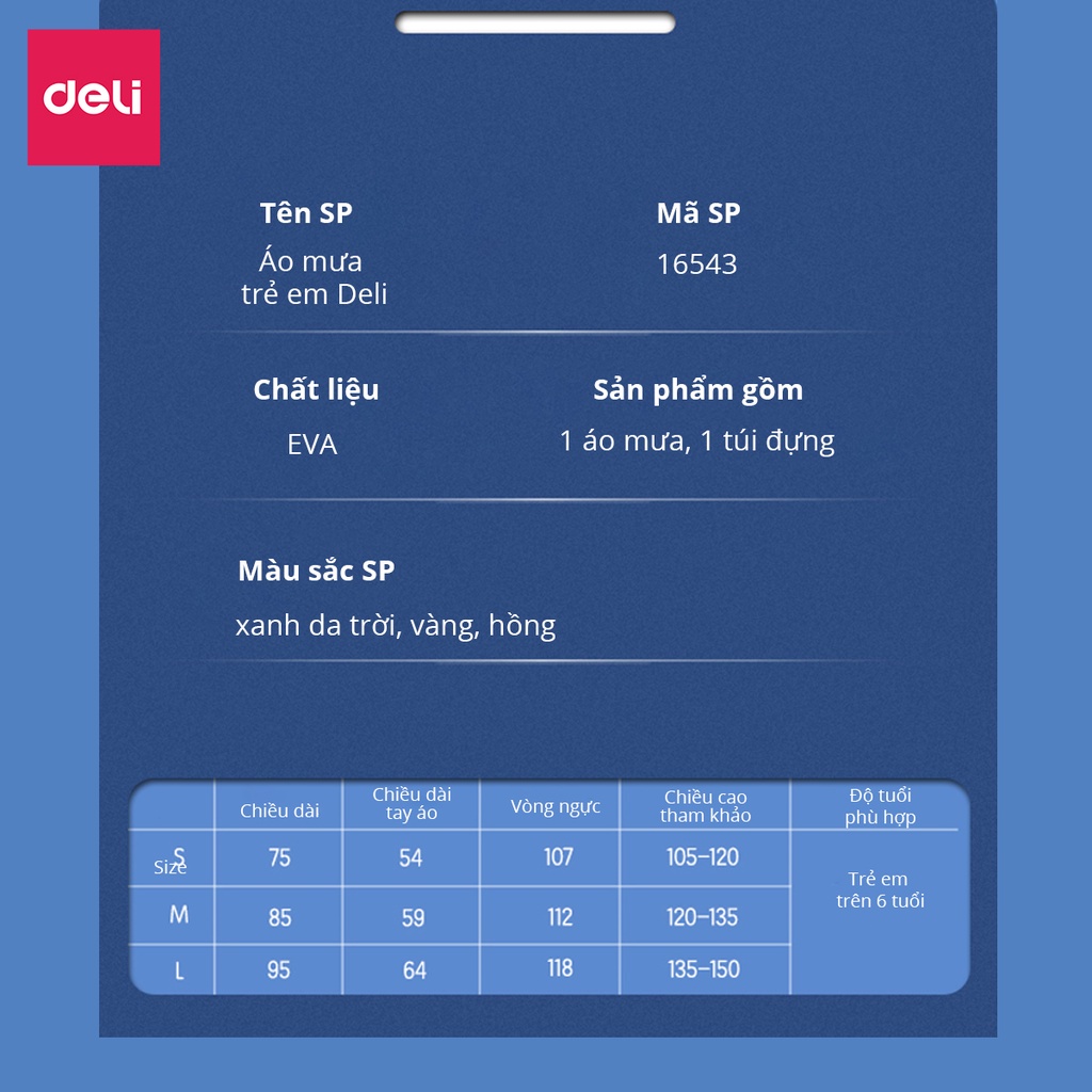 Áo Mưa Trẻ Em Deli - Siêu Dày Chống Thấm Nước Có Phản Quang Phơi Mau Khô Che Kín Người Kèm Túi Đựng, Chất Liệu An Toàn