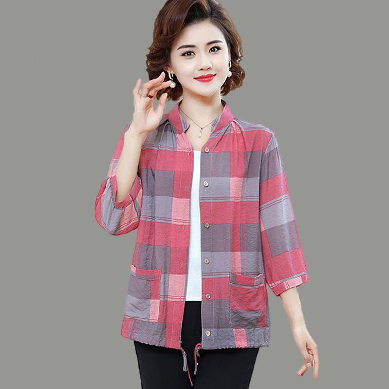 Áo Sơ Mi Tay Lửng Họa Tiết Caro Thời Trang Cho Phụ Nữ Trung Niên