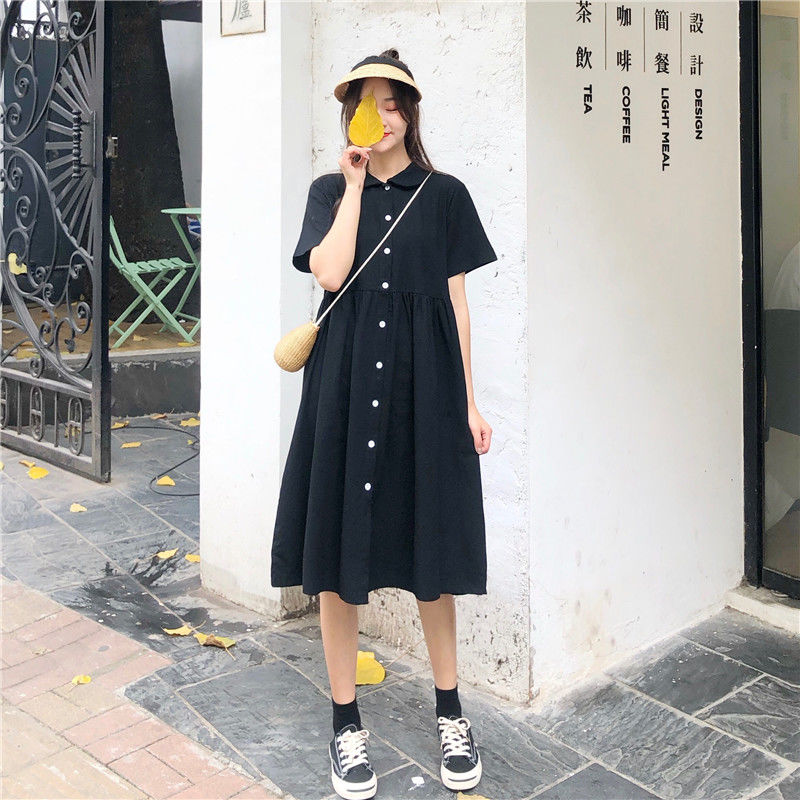 Mùa hè Hàn Quốc Retro Lỏng tay ngắn Váy dài qua đầu gối Nữ búp bê Pháp Cổ áo dài trung bình Váy chữ A Xu hướng