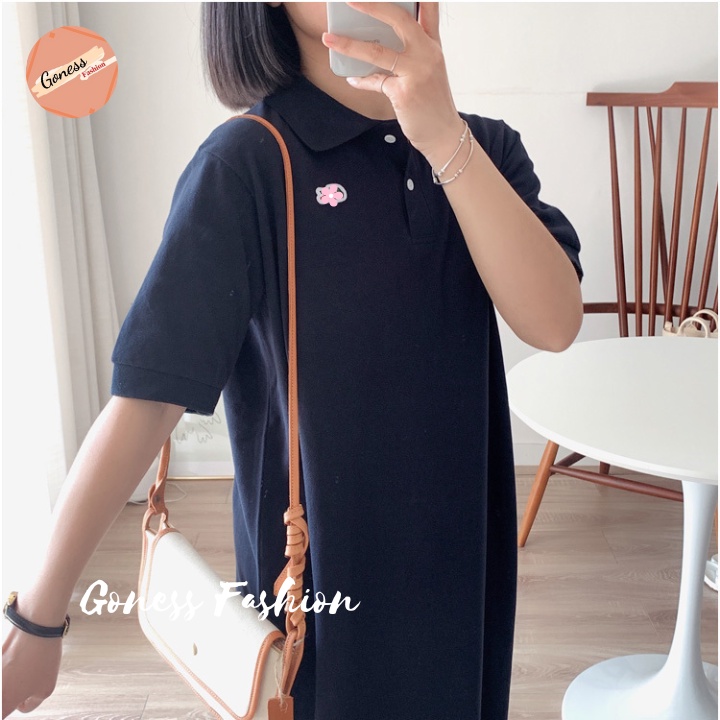 Đầm thun polo nữ Goness váy suông dáng thể thao màu xanh than chất cotton cao cấp mềm mịn co giãn thông thoáng bền đẹp