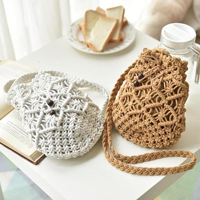 Túi Macrame Crochet đeo chéo - dây rút hột gỗ đen - phong cách Boho