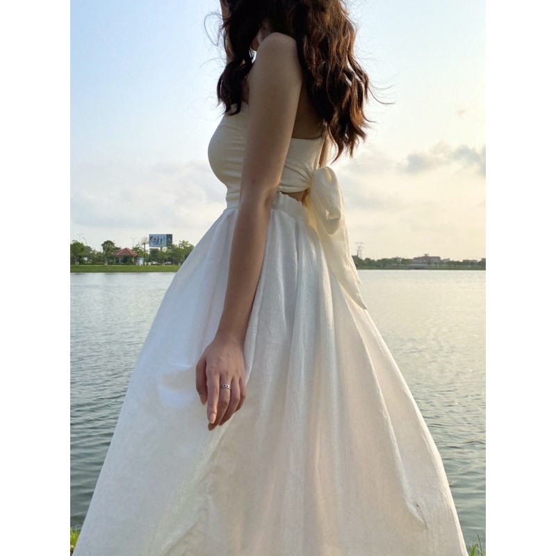 [ẢNH THẬT] Váy, Đầm Maxi Trắng Hai Đây Đuôi Cá Thắt Nơ Lưng  Váy 2s Dáng Suông Hơi Ôm Body Style Bánh Bèo Tiểu Thư