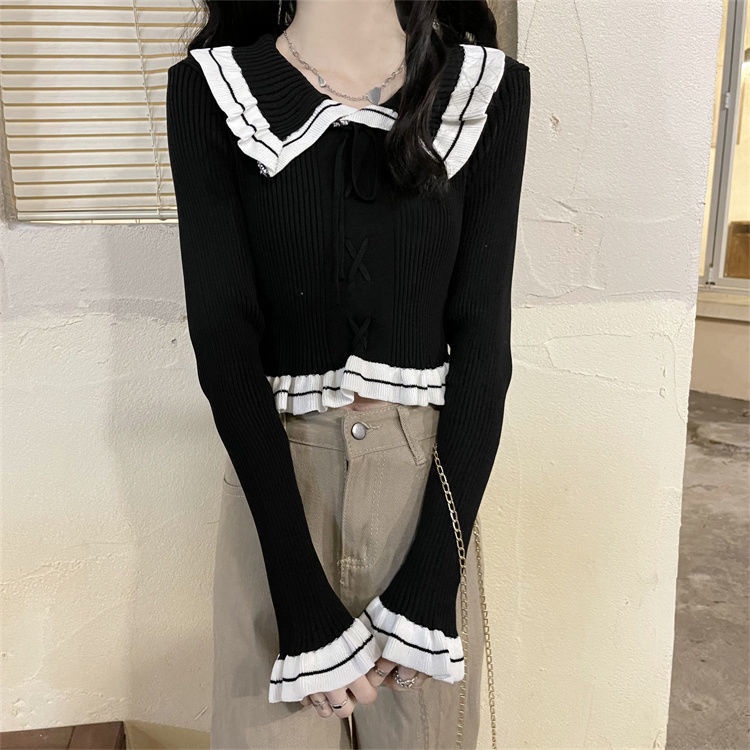 Áo sweater Dệt Kim Mỏng Tay Dài Cổ Búp Bê Xinh Xắn Cho Nữ edge