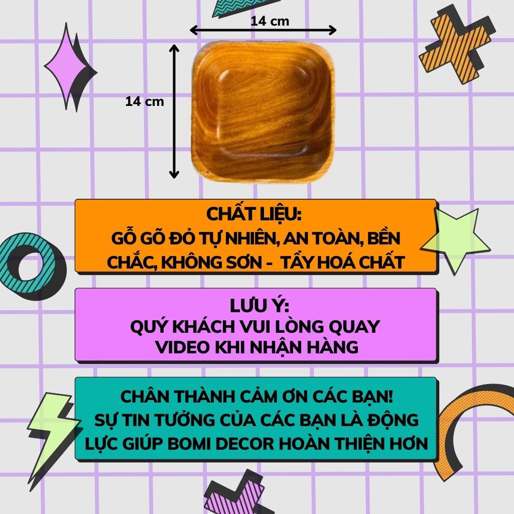 Tô gỗ decor BOMI - Tô gỗ đựng đồ ăn gỗ đỏ hình vuông siêu đáng yêu BOMK76